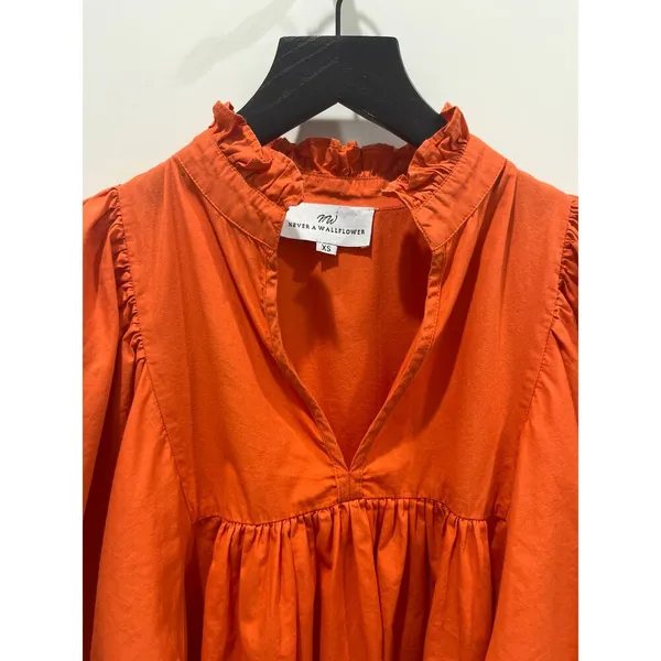 Never A Wallflower High Neck Ruffle Cotton V-Neck Blouse Sz XS - Image 2