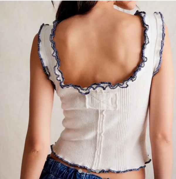 Free People Large Caramel Tank White Ivory Lettuce Trim Rib Knit Boxy Fit - Image 7