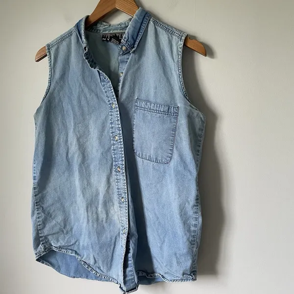 NY Line Vintage 1990's Blue Denim 100% Cotton Tank Top Collar Women Size Medium - Image 5