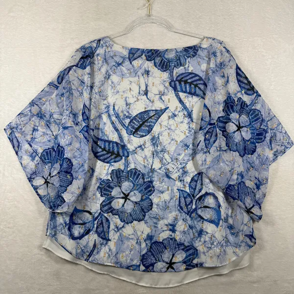 White House Black Market Blue Floral Batik Poncho Blouse Gold Lurex Medium - Image 7