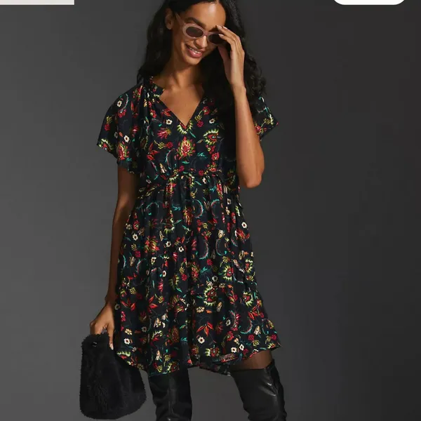 ANTHROPOLOGIE Robin Tiered‎ Mini Dress in Black Floral - Image 7