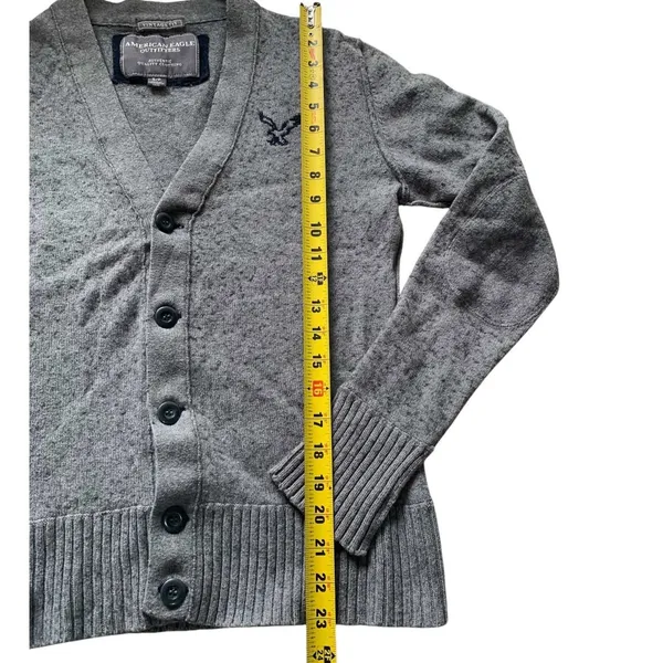 American Eagle Cardigan Sweater Unisex Small Gray Wool Blend Elbow Patch Preppy - Image 8
