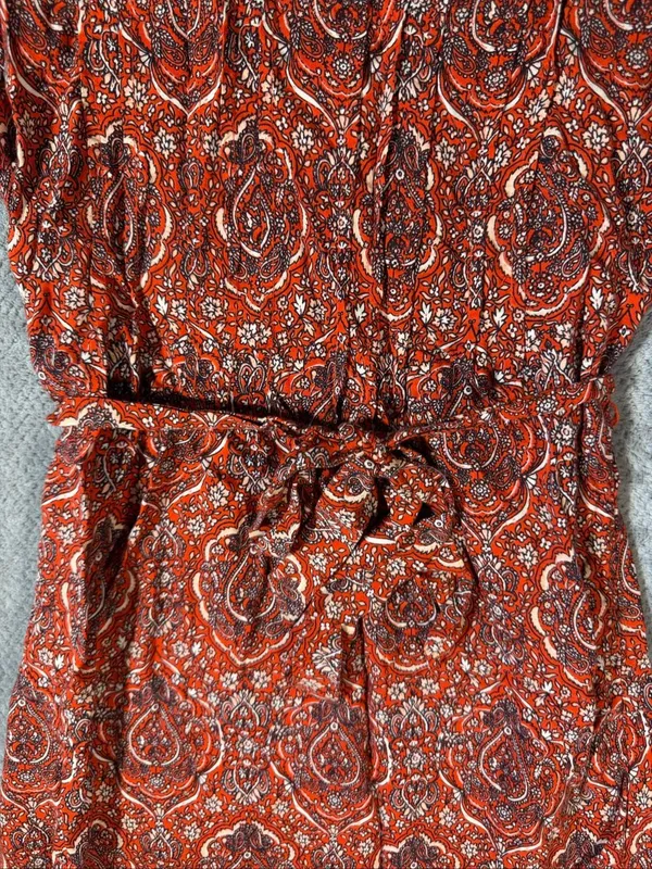Lucky Brand Size XS Orange Paisley Wrap Dress Boho Western Long Sleeve Tie Waist - Image 3