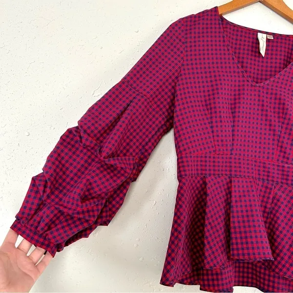 🦋 Allison Joy Red Blue Plaid Puff Sleeve Balloon Long Sleeve Peplum Blouse - Image 2