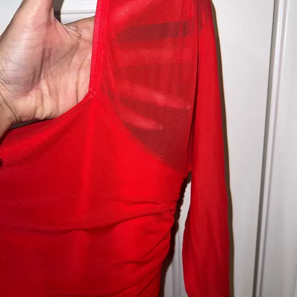 Pinkm Style Red Sheer Mesh Ruched Long Sleeve Bodysuit NWOT Size Large - Image 7