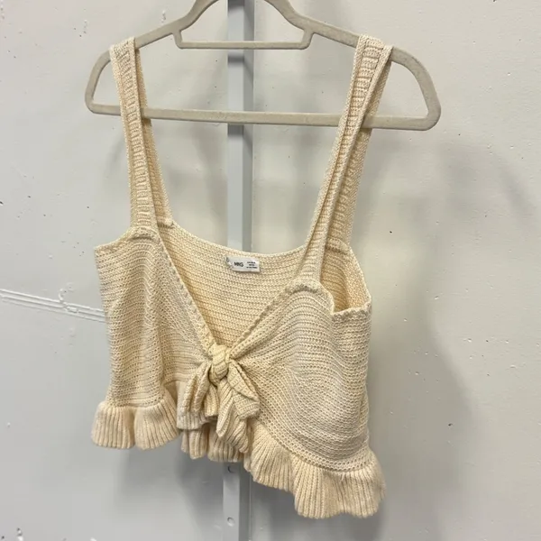 Mango MNG Cream Knit Tie Front Ruffle Hem Crop Top XL 100% Cotton Cottagecore - Image 3
