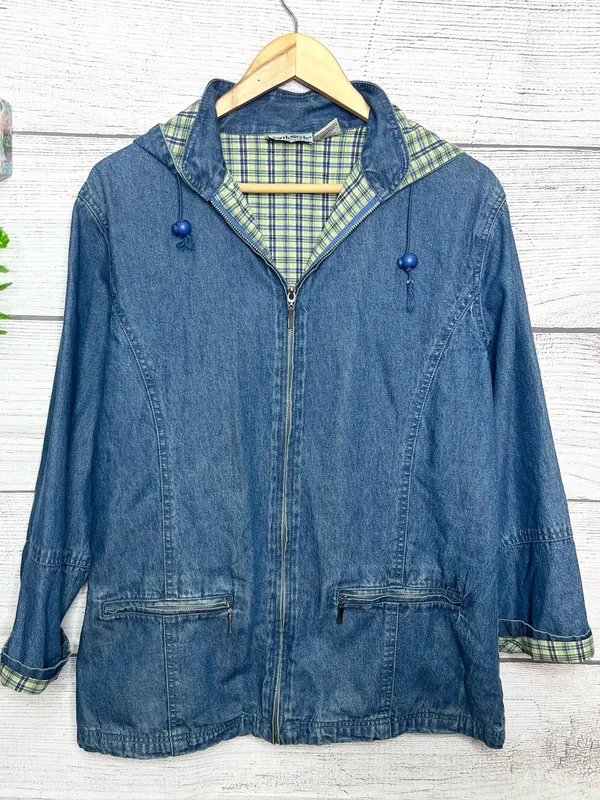 NorthStyle Plaid Lined Zip Front Denim Jacket with Detachable Hood Size Small - Image 11