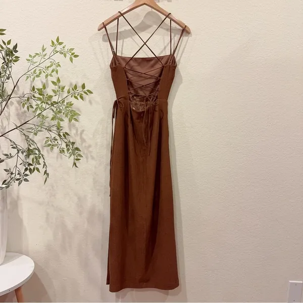 ASTR Brinda Boho Summer Vacation Faux Wrap Midi Dress in Brown One Size NWT - Image 7