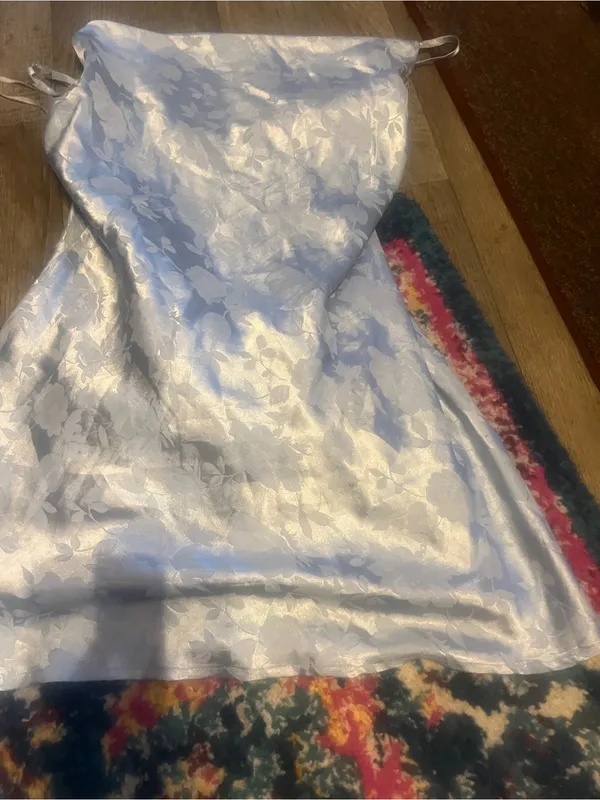 Lulus Close to Your Heart Dusty Blue Satin Jacquard Cowi Slip Dress Size L - Image 12