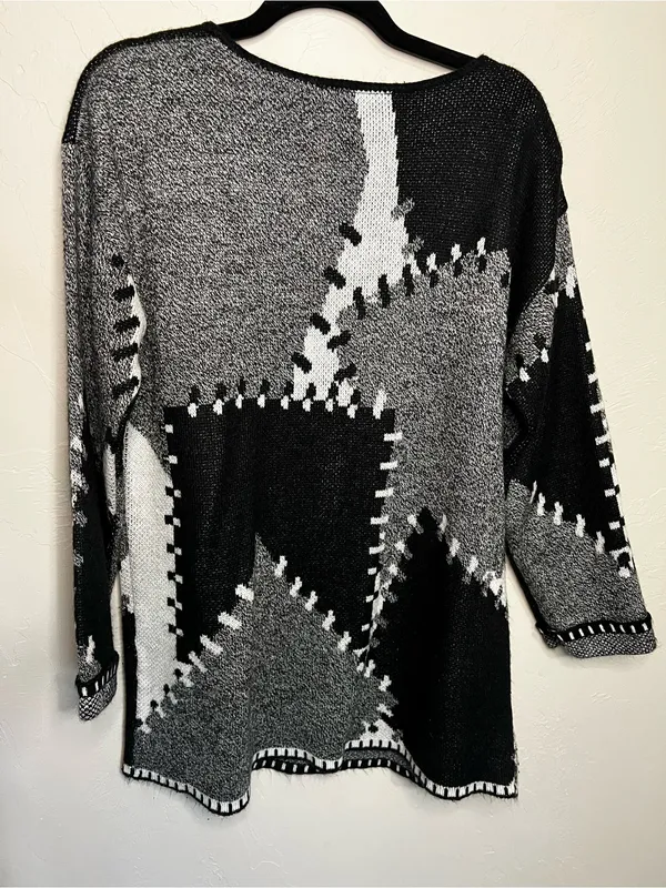 Willow Ridge Black Gray Patchwork Stitch Oversized Grandma Core Sweater Size M - Image 6