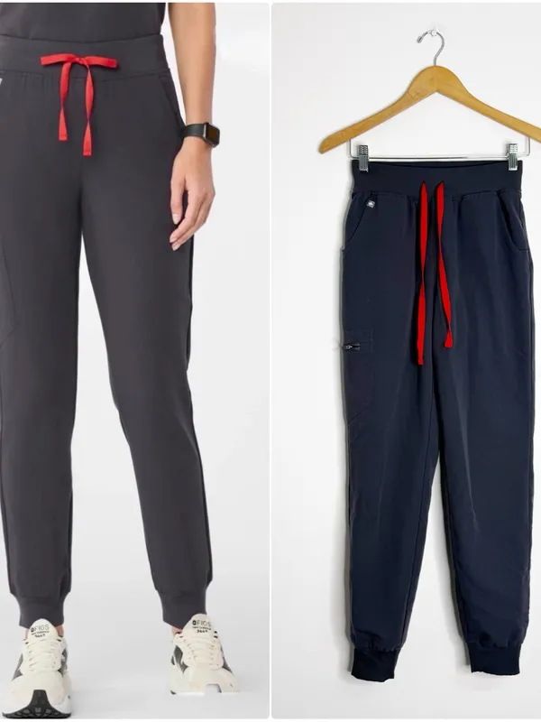 FIGS High Waisted Zamora Jogger Scrub Pants XS Gray Red Drawstring - Image 2