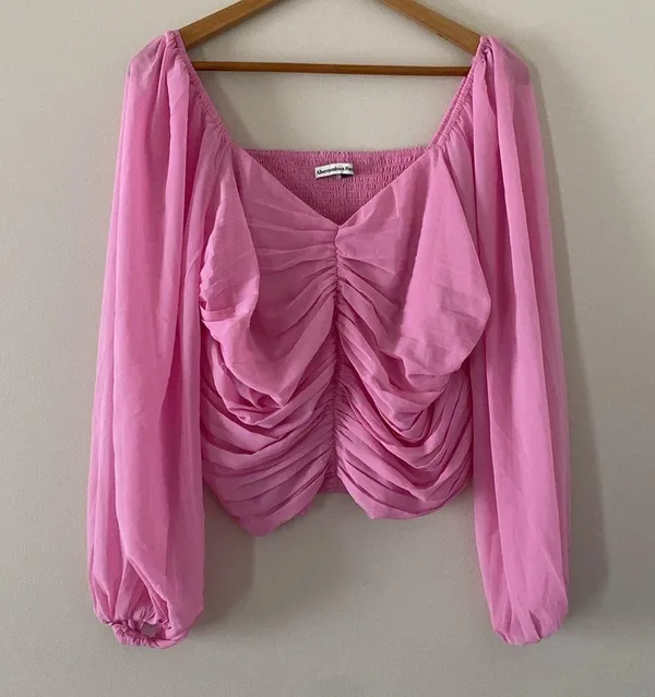 Abercrombie & Fitch Long Sleeve Blouse Cinched Front Tie Sheer Sleeves Pink XL - Image 11