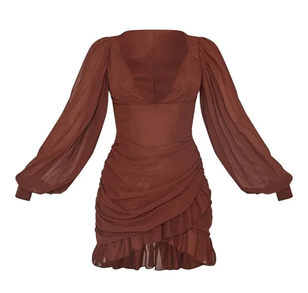 Pretty Little Thing Chiffon Pleated Balloon Sleeve Ruched Bodycon Dress - Image 4