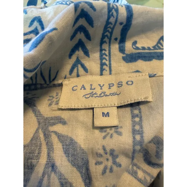 Calypso St Barth Blue White Linen Palm hamsa‎ tie Crop Top Shirt M boho beach - Image 4