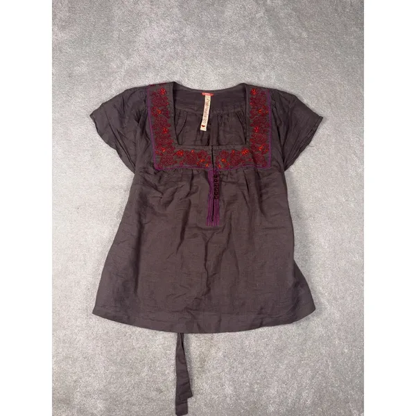 Free People Embroidered Linen Peasant Blouse Square Neck Tie Back Brown Boho A - Image 3