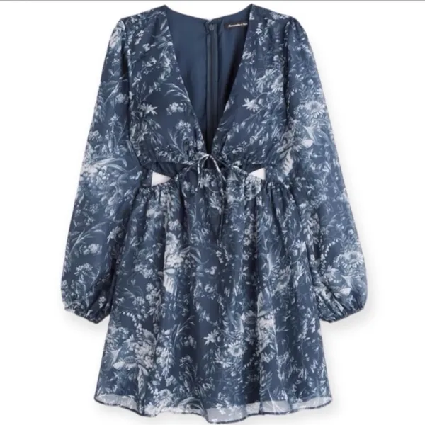 Abercrombie & Fitch Blue Floral Cutout Plunge Mini Dress Long Sleeve Beach Vacay - Image 2