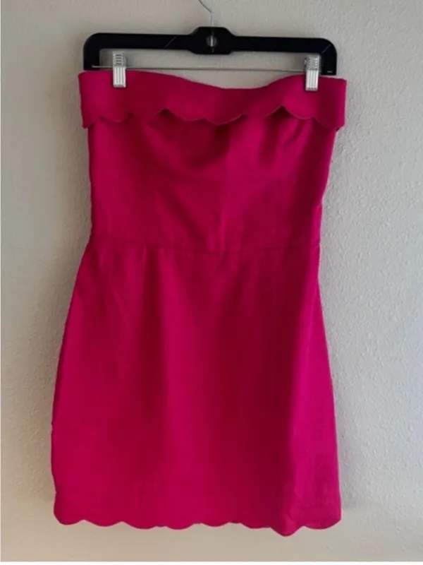 100% Linen Strapless Scallop Hem Pink Dress - Image 2