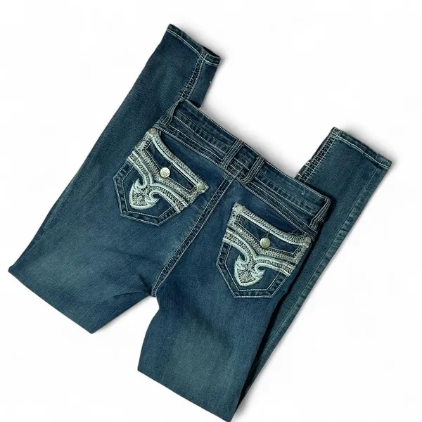Rebel Soul Skinny Jeans Embellished Pockets‎ Dark Wash Denim - Image 3
