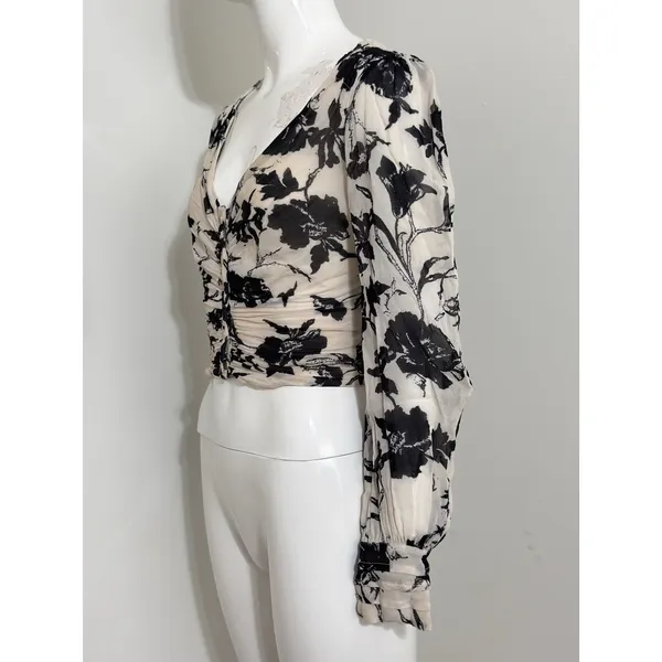 Free People Women’s Floral Ruched Crop Top Boho Cottagecore Fairycore Blouse XS - Image 4