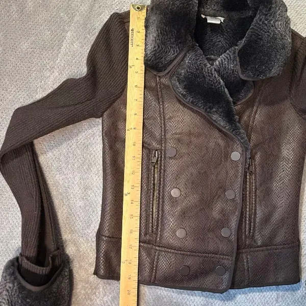 Cache Brown Faux Fur Trim Moto Jacket Size S Wool Blend Rib Knit Snakeskin Textu - Image 11