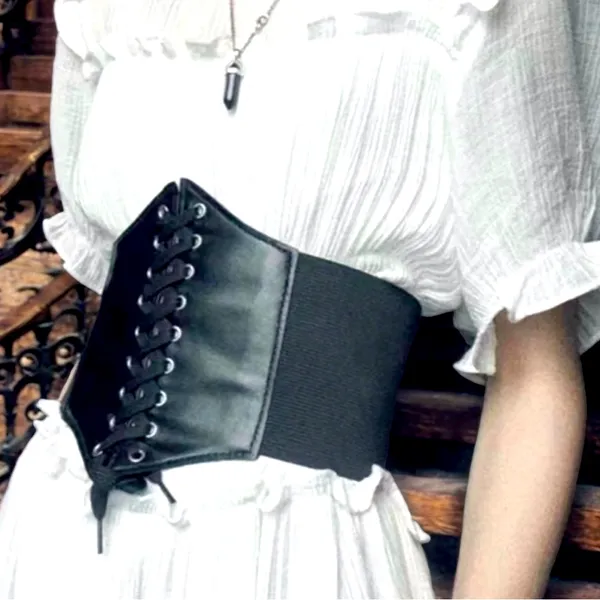Vintage Style Lace Up Faux Leather Elastic‎ Girdle Black Casual Wide Waist Belt - Image 7