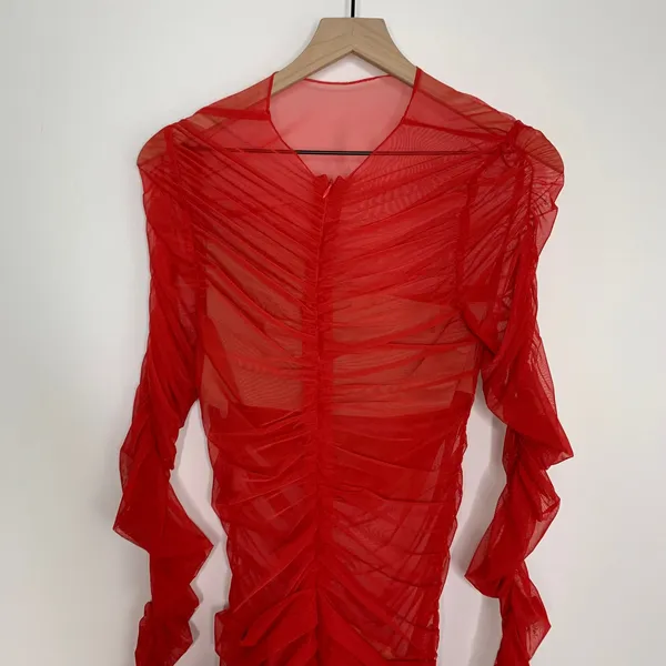 Miss Circle Jimena Red Ruched Mesh Long Sleeve Dress Womens New Medium - Image 4