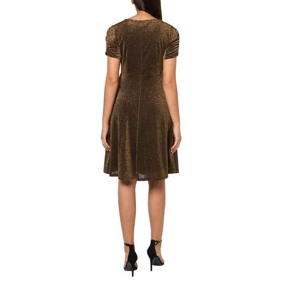 NWT Tommy Hilfiger Puff Ruched Sleeve V Neck Dress A4IK118E Bronze / Black 10 - Image 2