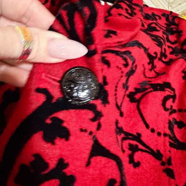 Coldwater Creek Red Black Scroll Print‎ Wool Blazer Jacket 1X Velvet Brocade - Image 10