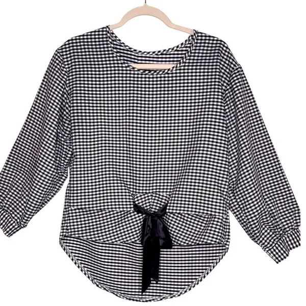 Gingham Black and White Plaid Gingham Bow Tie Front Blouse Long Sleeve Medium - Image 2