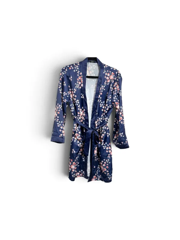 Morgan Lane Navy Blue Floral Satin Robe with Pink Blossoms - Image 2