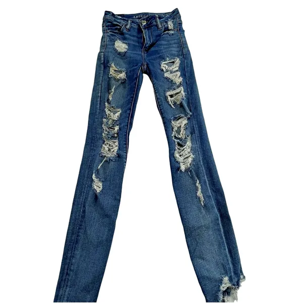 American Eagle Destroyed Ripped Hi Rise Jegging Next Level Stretch Sz 0 - Image 4