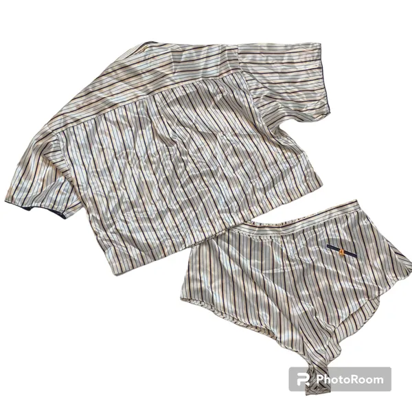 Val mode Lingerie New! Pajama Set Pj Shirt Shorts Stripes Button Up White Blue M - Image 2