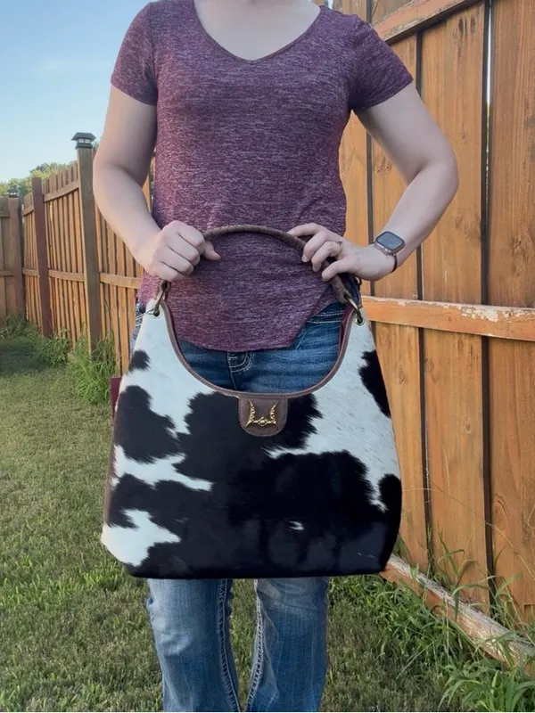 Loyal West- Conceal Carry Cowhide Hobo Bag with Braided Handle - Black & White - Image 3