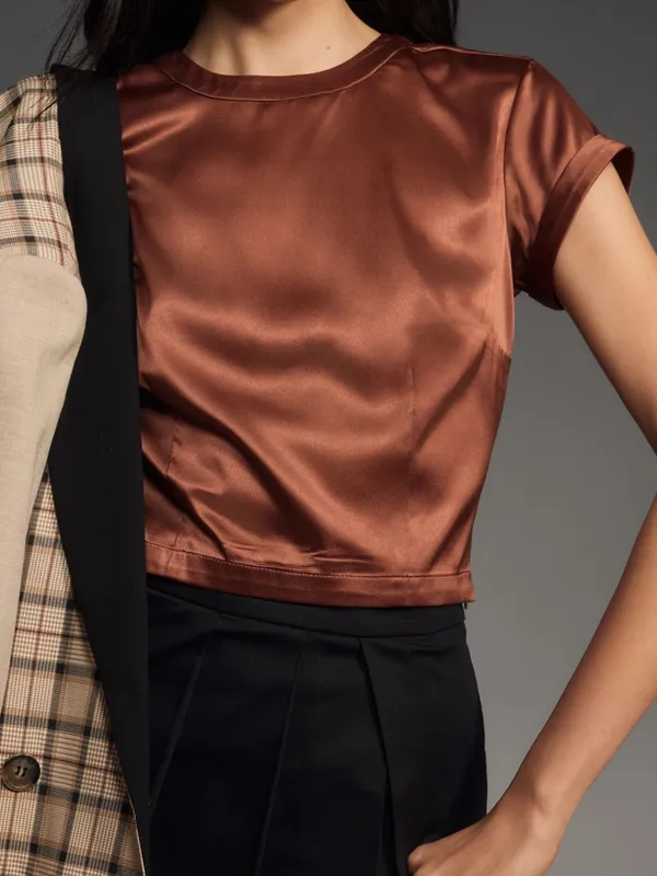 Anthropologie Copper Satin Casual Crop Baby Tee Size S - Image 12