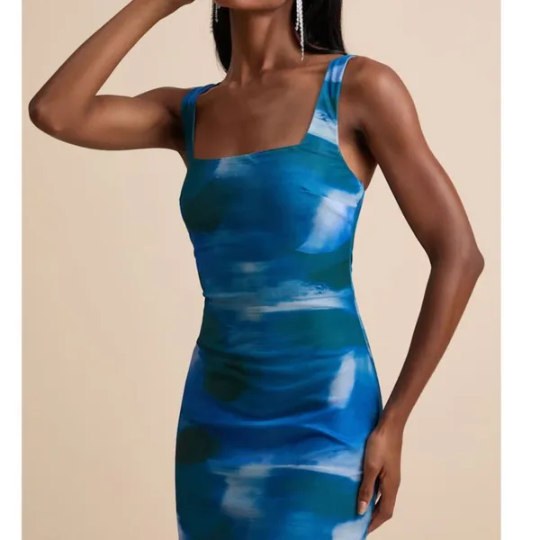 NEW Lulus Zemina Blue Abstract Godet Watercolor Pleated Mermaid Maxi Dress Small - Image 5