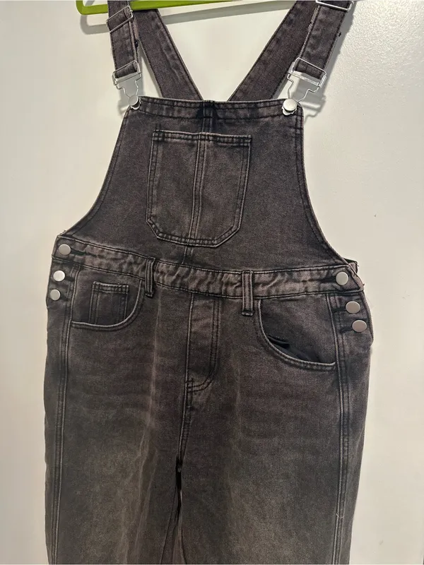 Black denim overalls jumpsuit Sz:L acid washed relaxed fit wide leg Baggy. - Image 6