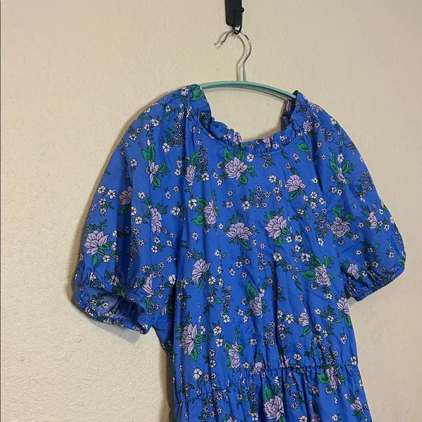J.Crew Floral Puff Sleeve Mini Dress Blue Cotton Smocked Back Tie Neck Size‎ 12 - Image 4