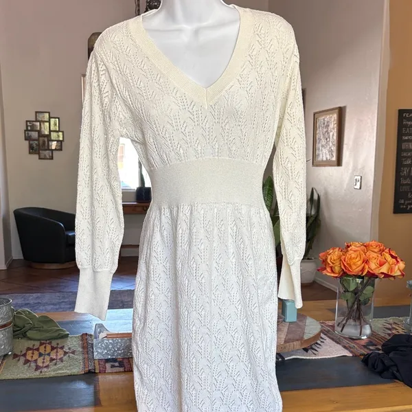 Chic Ivory Knit Long Sleeve Dress - Image 2