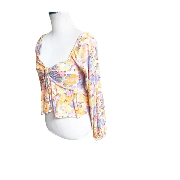 Billabong Blouse Womens Medium Multicolor Floral Smocked Cropped Sweetheart Neck - Image 6