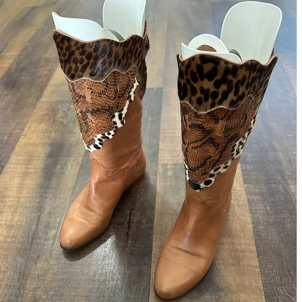 Donna Carolina Leather Patchwork Cowboy Boots Tan Animal Print EU 36.5 - Image 2