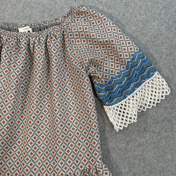 Umgee Drop Waist Off Shoulder Mini Tunic Dress Size Small Crochet Trim Gray Blue - Image 2