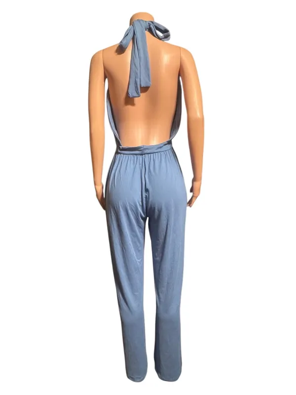 Shein blue plunge halter neck wide leg jumpsuit XL - Image 4