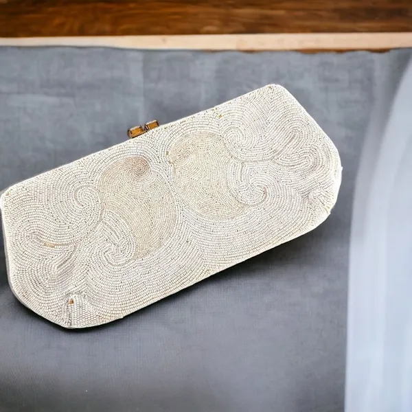 Vintage‎ Beaded iridescent Delill handbag clutch bag made in Belgium white - Image 2