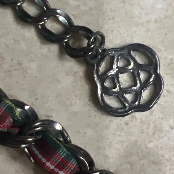 Artisan Boho Statement Necklace Celtic Knot CharmPlaid Ribbon Medallion vintage - Image 3