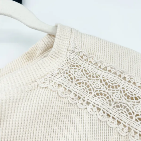 Forever 21 Womens Boho Artsy Waffle Knit Lace Crochet Balloon Sleeve Top‎ Size S - Image 6