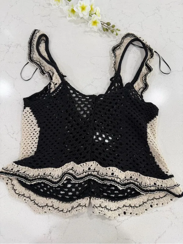 Zara Black Crochet Tank with Cream Ruffle Trim - Image 8