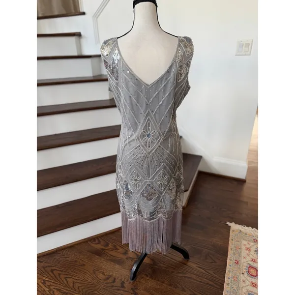 Unique Vintage Gray Silver Midi Fringe Sequin Flapper Costume Dress Halloween - Image 2