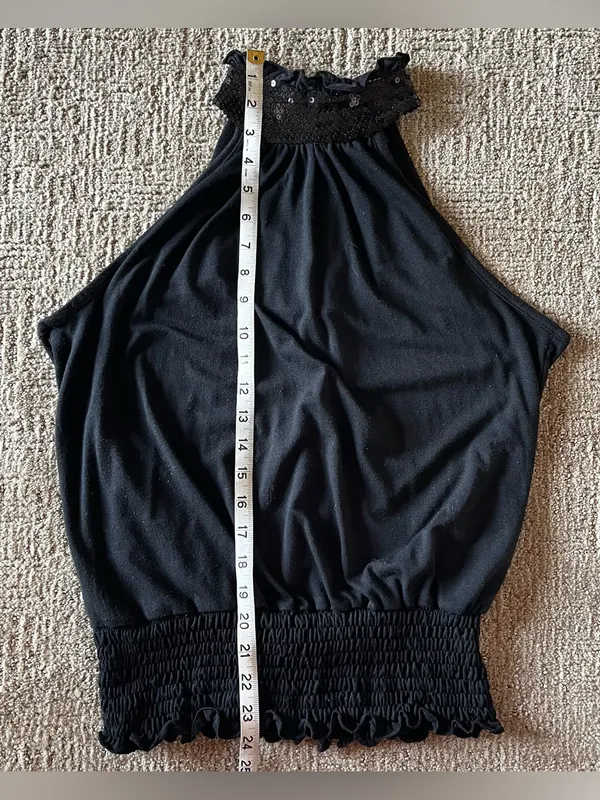 Y2K vintage Black Halter Neck Sequin neck Top Size M - Image 5