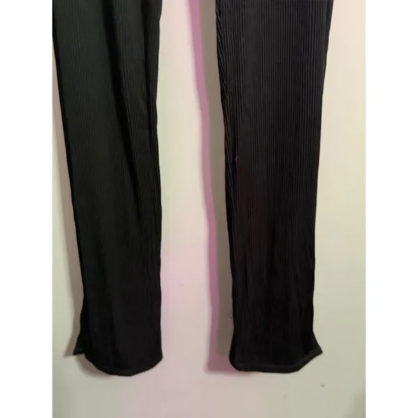 PRETTYLITTLETHING Black Ribbed Wide‎ Leg Palazzo Pants Elastic Waist Split Hem - Image 2