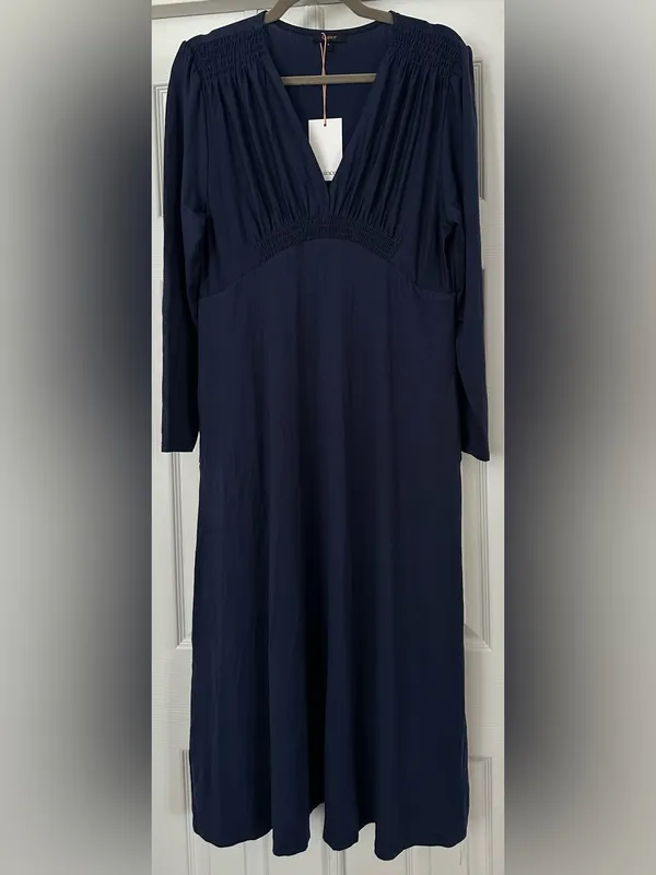 Quince Tencel Jersey V-Neck Long Sleeve Midi Dress navy blue size large - Image 2
